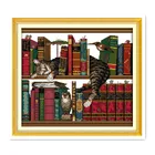 Вышивка котенком ручной работы, Набор для вышивки крестиком, книги на полках, мебель для кошек, вышитая хлопковая ткань