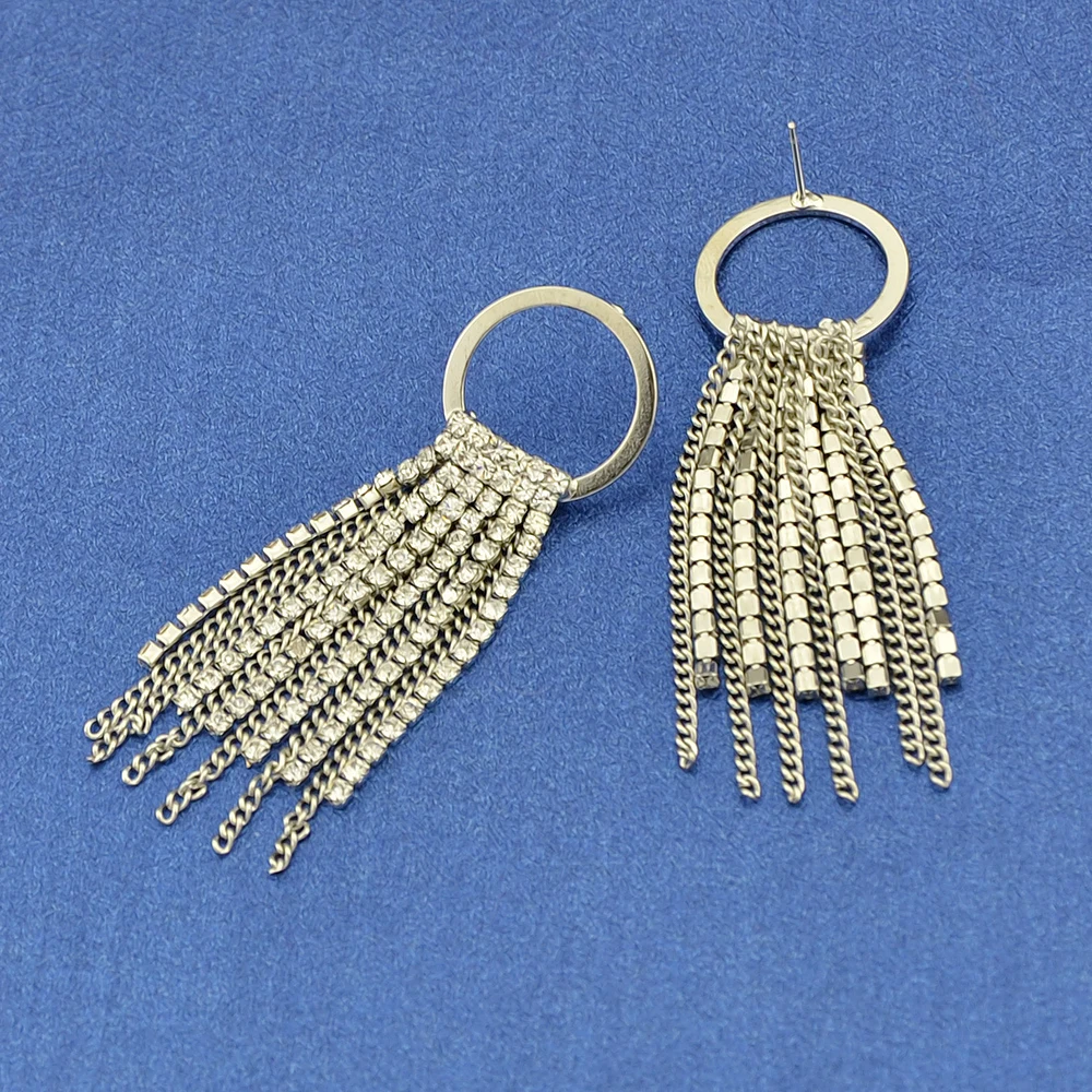Silver Color Statement Earrings with Full Rhinestone Circle Long Chain Tassel Drop Luxury Brand Women Jewelry Bijoux | Украшения и