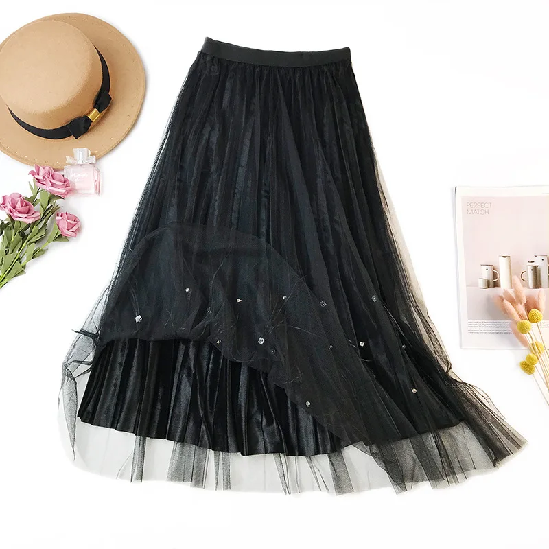 Весенняя женская юбка из сетчатого материала с бисером эластичная бархатная