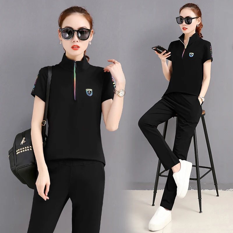 Женский костюм 2019 Новая мода лето короткий рукав футболка + брюки Повседневная