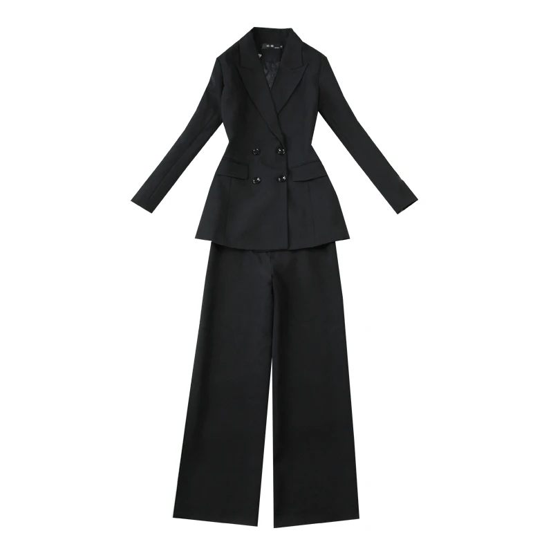 

Fashion Pant suit female autumn/spring New Black Slim Double-Breasted Long Suit + Wide Leg Pants two-piece suit women