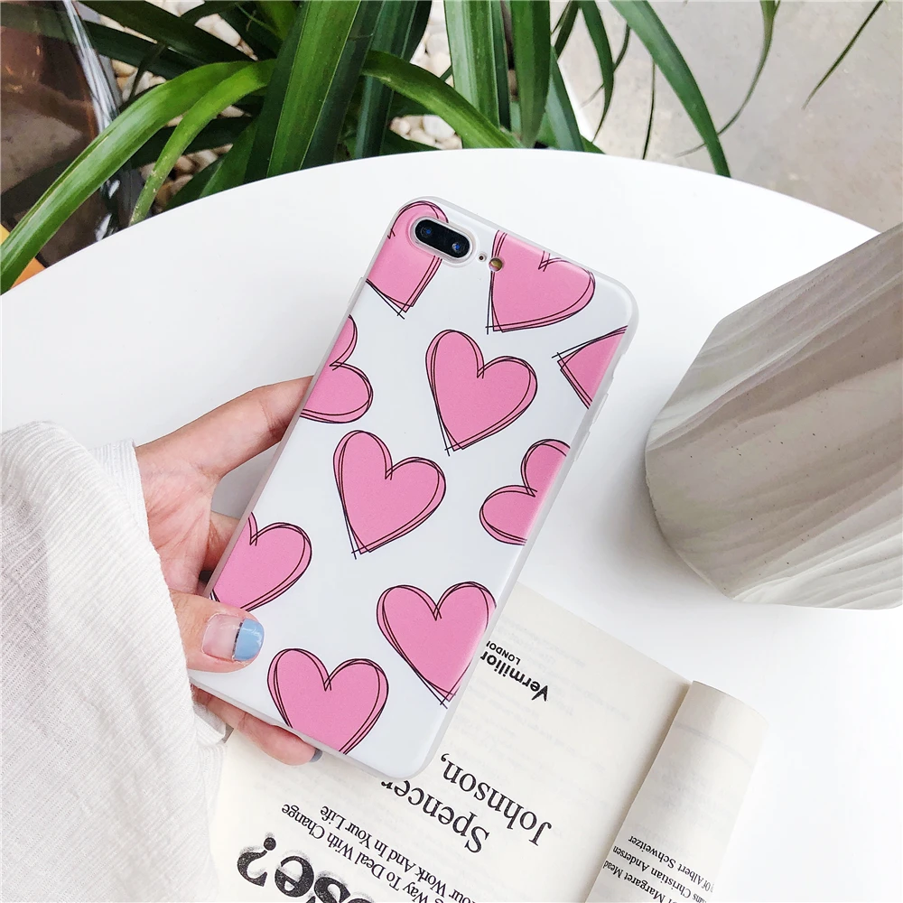 Cases For iPhone 7 Korean Girl Style Love Heart Pink Phone iphone 6S 8 Plus X Matte IMD Soft Silicone Back Cover Funda |