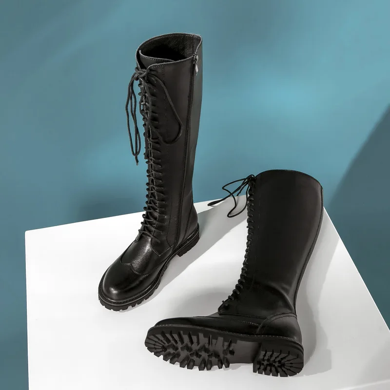 

TXCNMB Women Genuine Leather Knee High Boots Autumn Winter Back Zipper Shoes Woman New Fashion Motorcycle Riding Boots