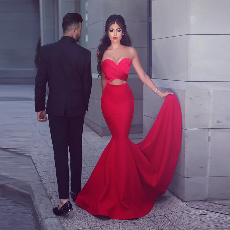 2016 Sexy Red Вечернее Платье Милая Атласная Русалка Длиной до пола Abendkleider Vestidos Де