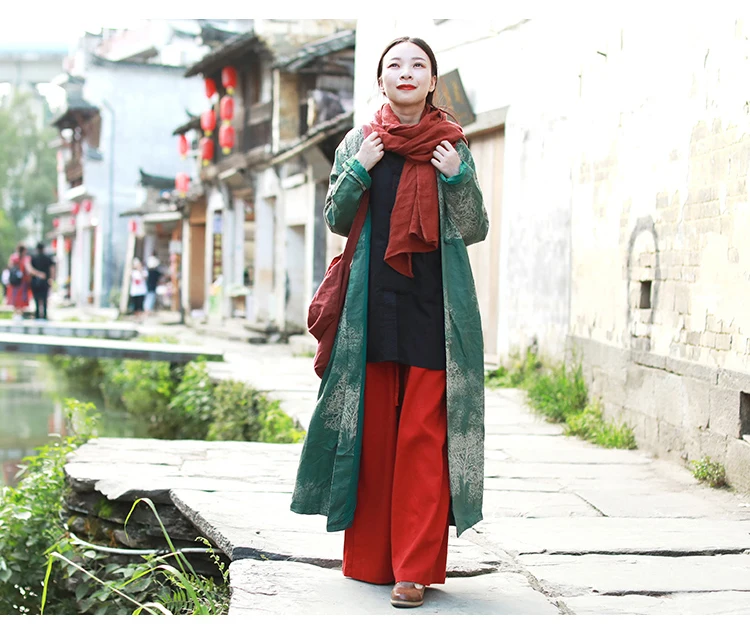 LZJN Autumn Women Trenchcoat Long Jacket Cotton Linen Duster Coat Vintage Chinese Windbreaker High Waist Ethnic Cardigan