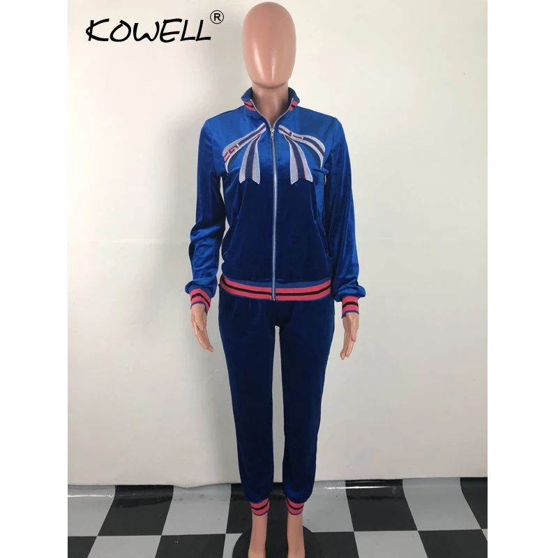 Women Tracksuit Winter Embroidery Two Piece Set Patchwork Velvet Casual Sweatshirts Tops+Long Pants Sets Warm 2 |