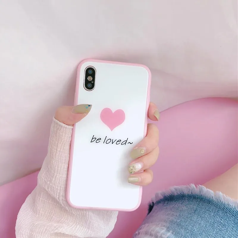 Модный розовый чехол из закаленного стекла серии Love Heart с узором для iPhone XS MAX XR X 10 7
