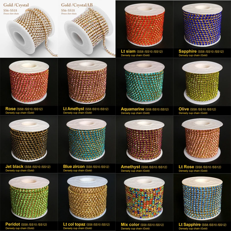 Прямых продаж Роза плотно цепь золотая основа 10 ярдов/рулон Ss8 Ss10 Ss12 для страз