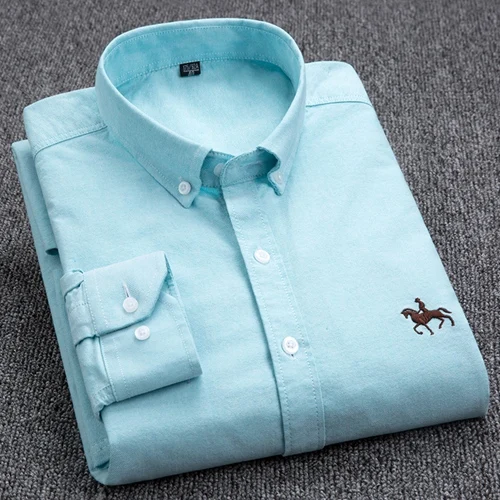 Lake Blue Мужская рубашка в Оксфордском стиле из хлопка размера плюс 4XL, Однотонная рубашка на пуговицах с длинным рукавом высокого качества для деловых мужчин, умная Повседневная рубашка - Цвет: Lake Blue