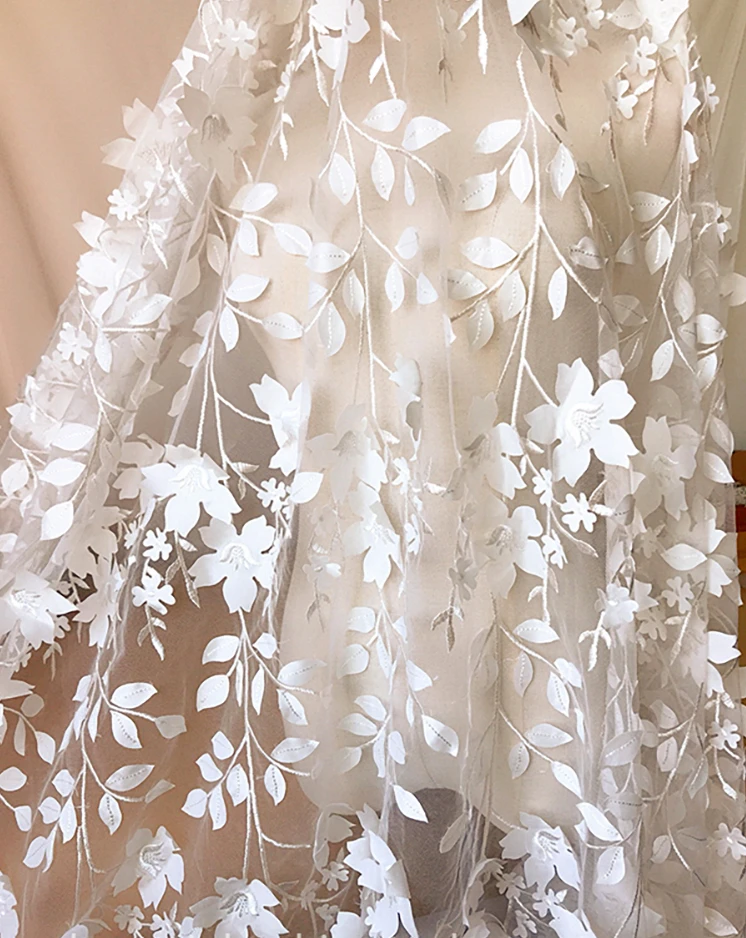 

GLace 1Y/lot 1.25m wide white flowers lace transparent mesh fabric clothing skirt wedding dress curtain decoration fabricTX164