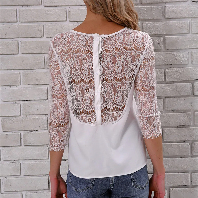 New Fashion Women Blouse White Round Neck Back Button Lace Splicing Three-Quarter Sleeve Chic Top B73 |