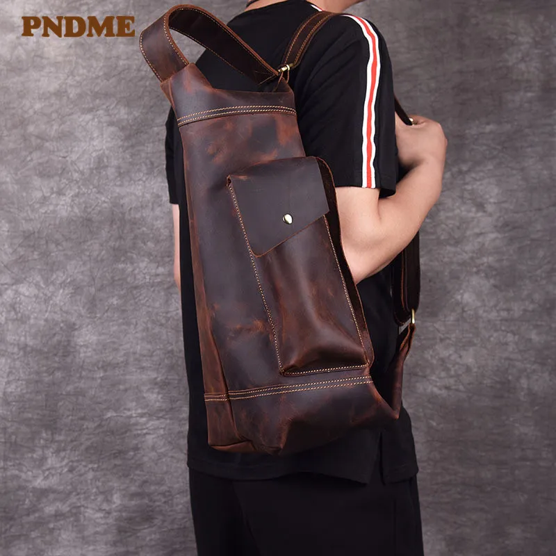 PNDME crazy horse кожа Мужская нагрудная сумка в стиле casual Роскошные Дизайнерские Сумка Натуральная кожа большой емкости сумки через плечо