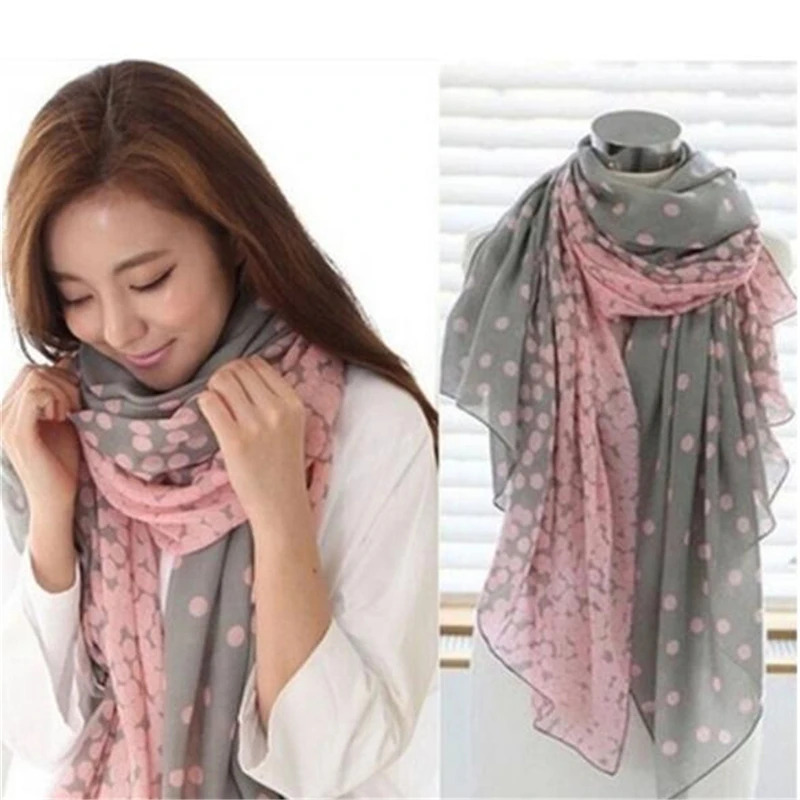 

Hot Sale Women Lady Spring Autumn Warm Soft Long Voile Neck Large Dots Scarf 1Pcs Wrap Shawl Pink Grey Wholesale 2 Styles