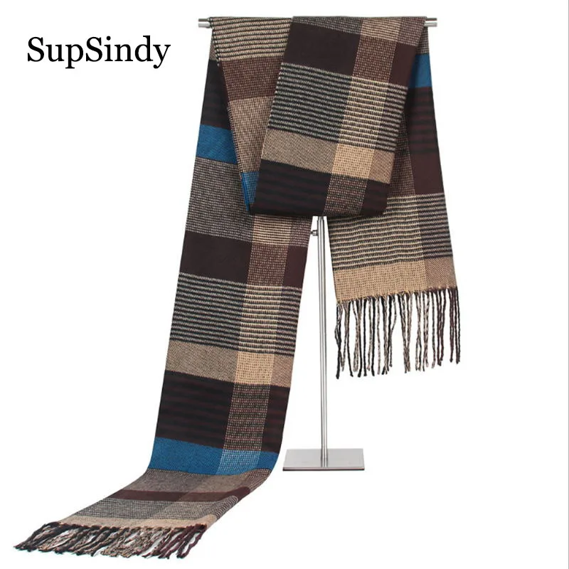 

SupSindy Winter scarf men Vintage Soft plaid scarves luxury shawl Warm cashmere Striped Acrylic Casual men's scarf with tassels