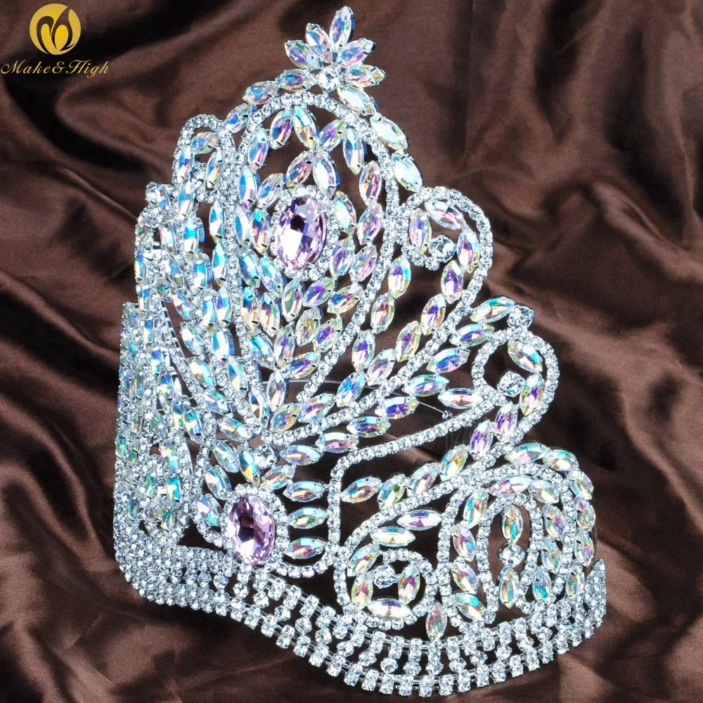 

Gorgeous Miss Pageant Large Tiaras and Crowns Pink AB Rhinestones Crystal Full Diadem Wedding Bridal Headband Hair Jewelry 573g
