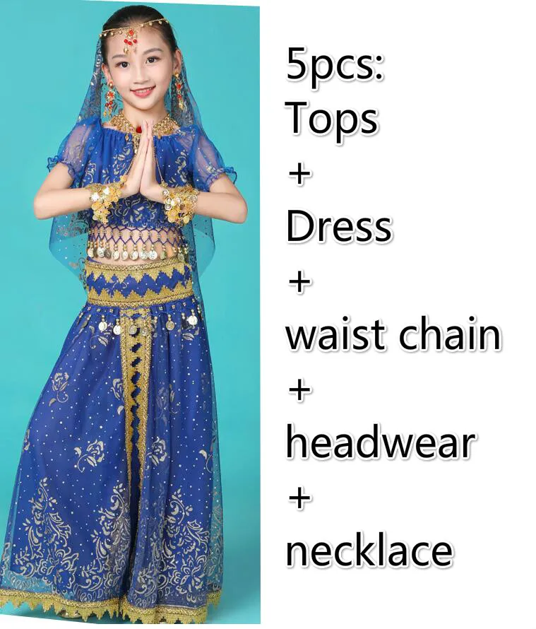 5pcs dark blue Детские индийские костюмы для танца живота, египетские вечерние костюмы для выступлений, танцевальная одежда Для Болливуда, Восточный Костюм для Хеллоуина - Цвет: 5pcs dark blue