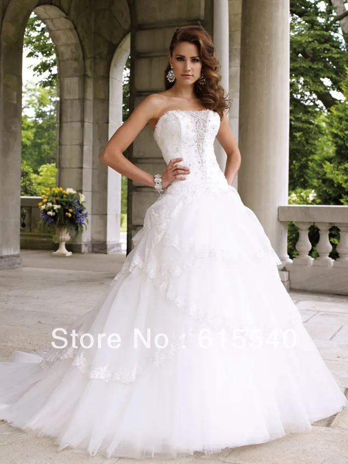 discount-Unique Design A Line Strapless Sweep Train White Organza Appliques Garden Wedding gownes Sexy Style Gowns Bead | Свадьбы и