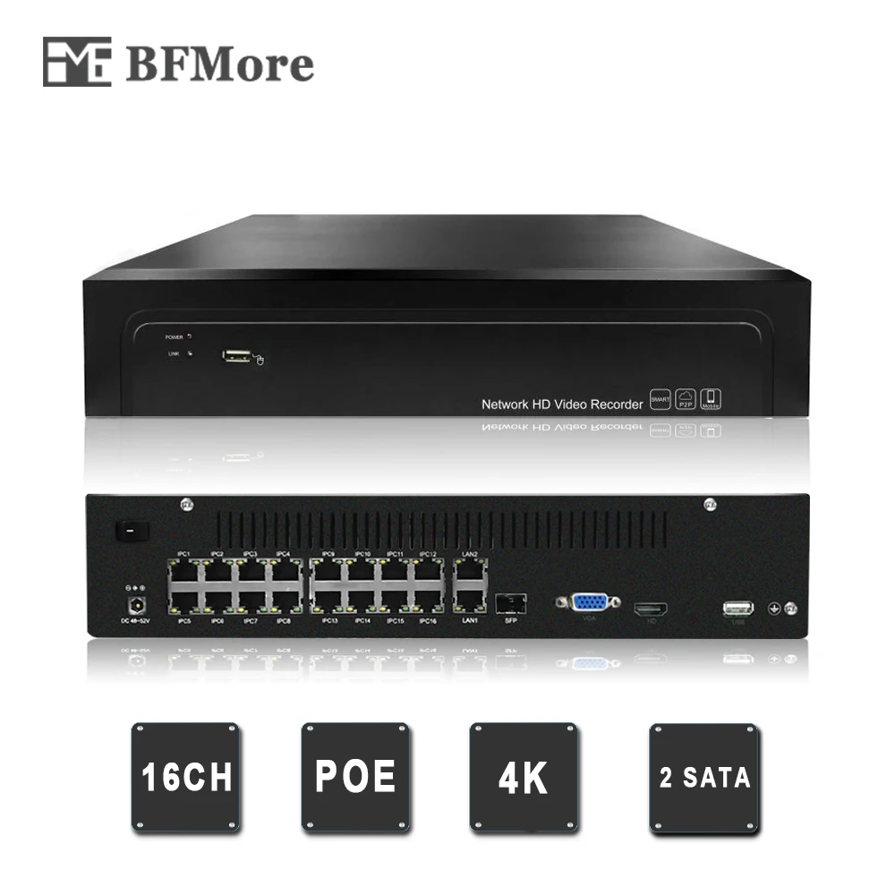 BFMore 16CH POE NVR 4K 2 SATA H.265 +/H.265/H.264 CCTV до 16ch 5.0MP сетевой видеорегистратор Onvif 6 IP камера