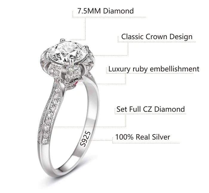 Romantic Queen Caroline Engagement Ring Solid 925 Sterling Silver Jewelry 2 Carat CZ Diamant Wedding Rings for Women ZR200 | Украшения и