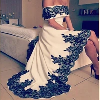 robe de soiree 2021 dubai arbaic high low prom dresses sexy off the shoulder white and black lace appliques party evening gowns