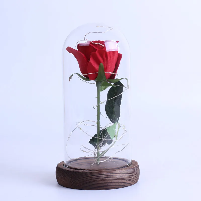 

2019 Beauty and the Beast Red Rose in a Glass Dome with LED Light Wooden Base for Valentine's Mother's Day Gifts Birthday Gift