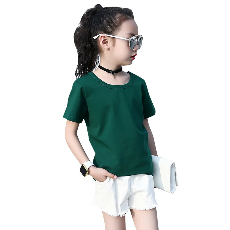 

girls t-shirt summer solid 100%cotton 4 colour kids t-shirt for girl yellow green pink white pullover o-neck short girl t shir