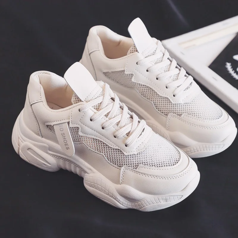 Beige New Summer White Mesh Women Sneakers FlatsFemale Fashion Thick Bottom Platform shoes Womens Casual Shoes Zapatos De Mujer - Цвет: Beige
