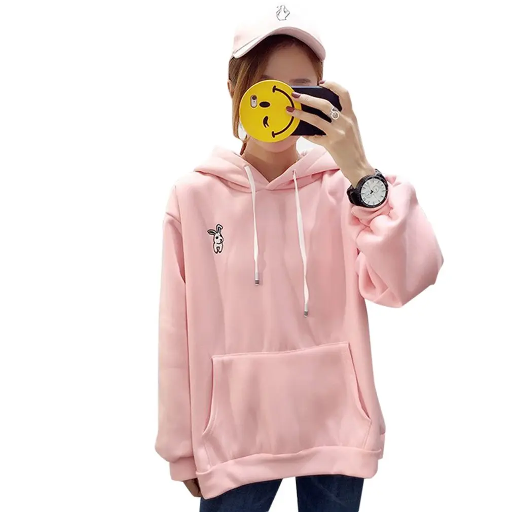 Kawaii милые толстовки с заячьими ушками для женщин плюс размер длинный рукав