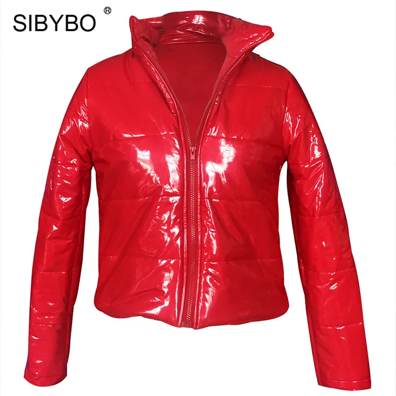 Красный Sibybo из искусственной кожи тонкие зимние сексуальные женские пальто и куртки с длинным рукавом стоячий воротник Толстая куртка Женская Повседневная укороченная верхняя одежда для женщин - Цвет: Красный