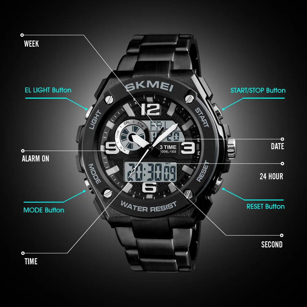 

SKMEI 1333 Men Fashion Sport Quartz Dual Display Waterproof Watches 3 Time EL Light Chrono Count Down 12/24 Hour Wristwatches