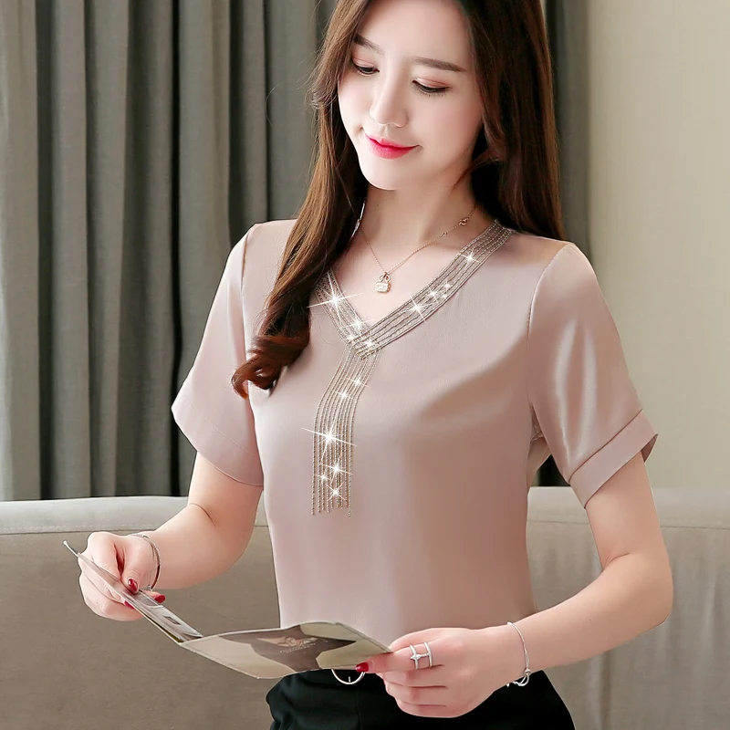 Женская шифоновая блузка с коротким рукавом и V-образным вырезом | одежда