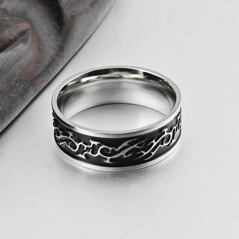 AMGJek кольцо из титановой стали мужское панк-украшение с черным эмалевым драконом и серебряным металлом внутри, размер США 7-11 JZ075.