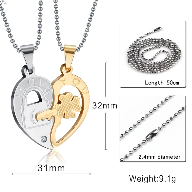 CN-038 2pcs/lot Men Women Stainless Steel Key Heart Couple Pendant Necklace With Cubic Zirconia Romantic Lovers Puzzle |