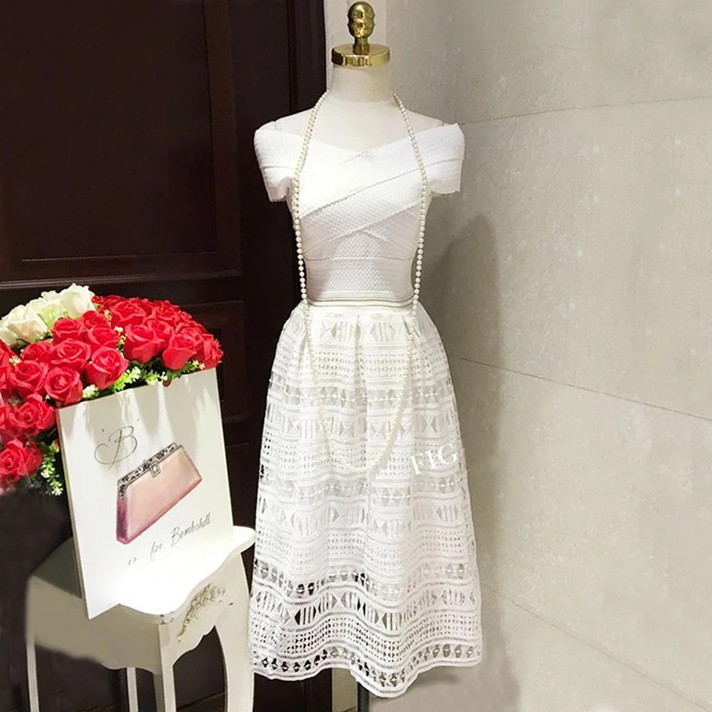 Твердые Кружева Полые женщин Повязку Слэш Шеи Сетка Выкл Шолдер Середины икры