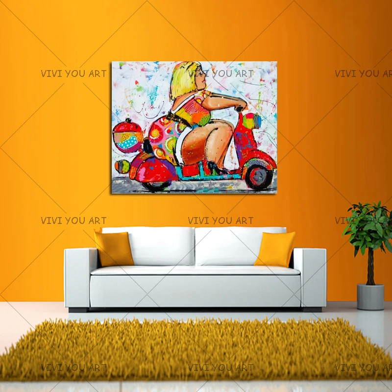 

2018 New Arrivals Colorful Fat Woman Riding A Motorcycle Wall Art Home Decor For Living Room As Unique Gift Canvas Oil Painting