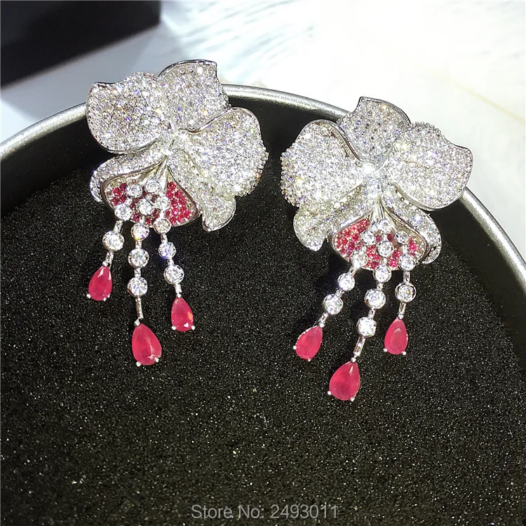 High quality new designer fashion red 3A zirconia crystal flower stud earrings white-gold-color brincos copper jewelry for women | Украшения