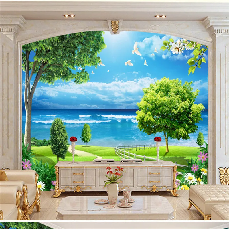 

Nature Seaside Landscape 3D Wallpapers for Living Room Wall Papers Home Decor Green Tree Blue Sky Birds Flowers Photo Murals