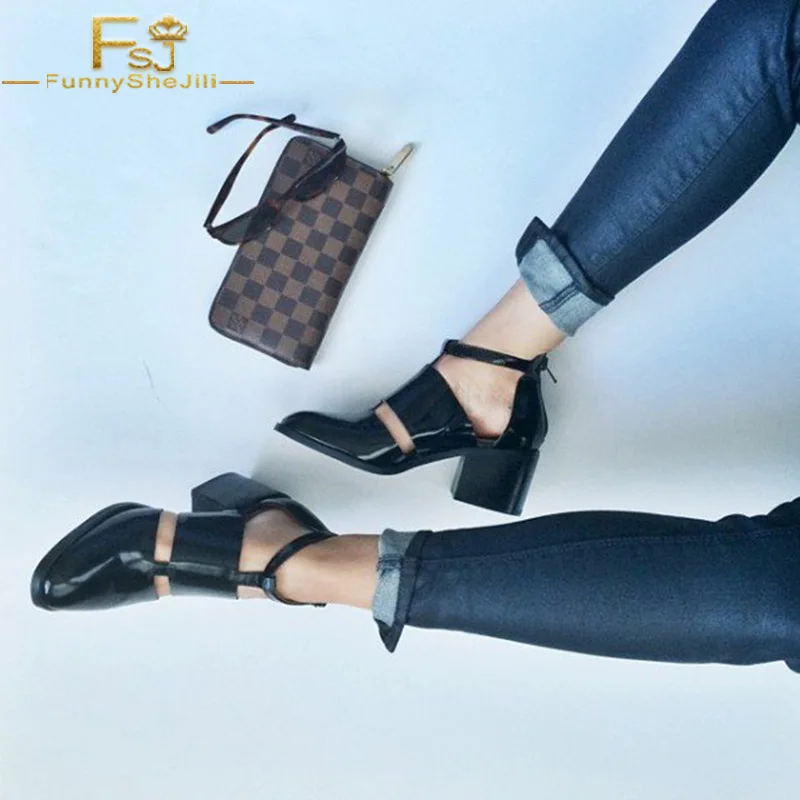 FSJ черного цвета Летняя обувь из полиуретана на весну/осень Лакированная кожа круглый носок Блок Средний квадратный каблук Ботильоны размера плюс 15 - Цвет: Черный