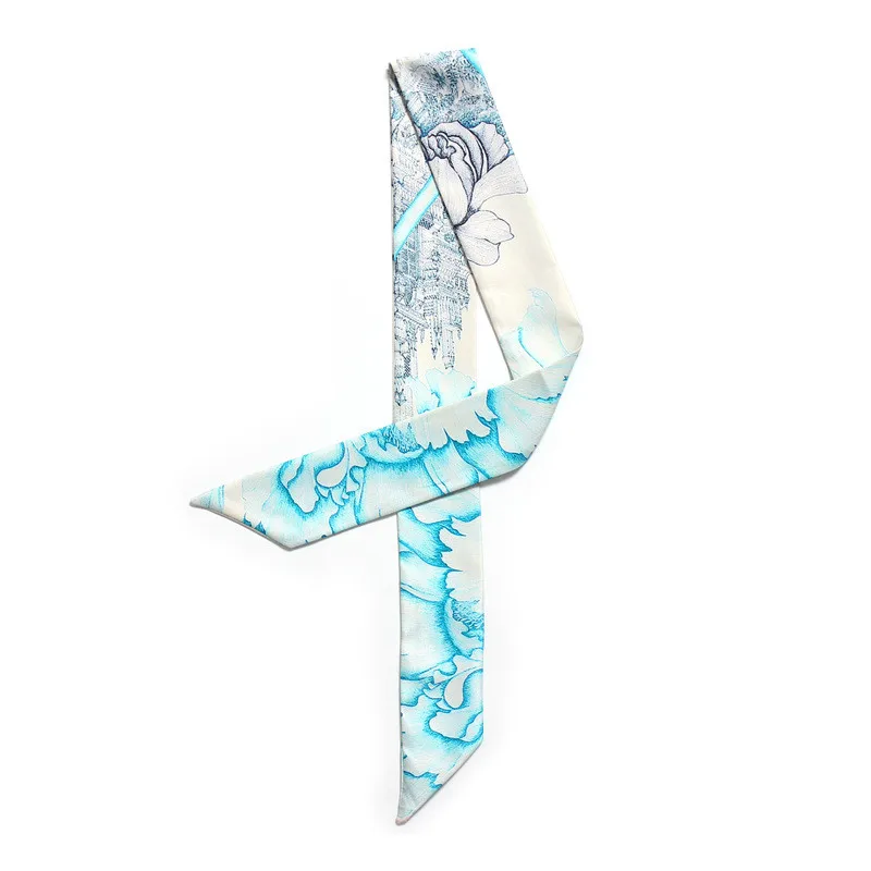 Fashion Peony Flower Print Skinny Scarf New Silk Bag Handle For Women Female Neckerchief Head Scarves &amp Wraps |