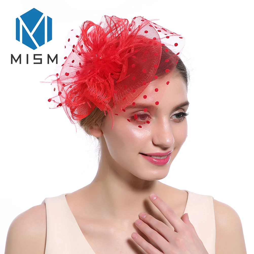 M MISM, женские свадебные аксессуары для волос, Коктейльные, вечерние, в горошек, с вуалью, зажим для волос, перо, кристалл, лист, элегантные резинки для волос - Цвет: Red