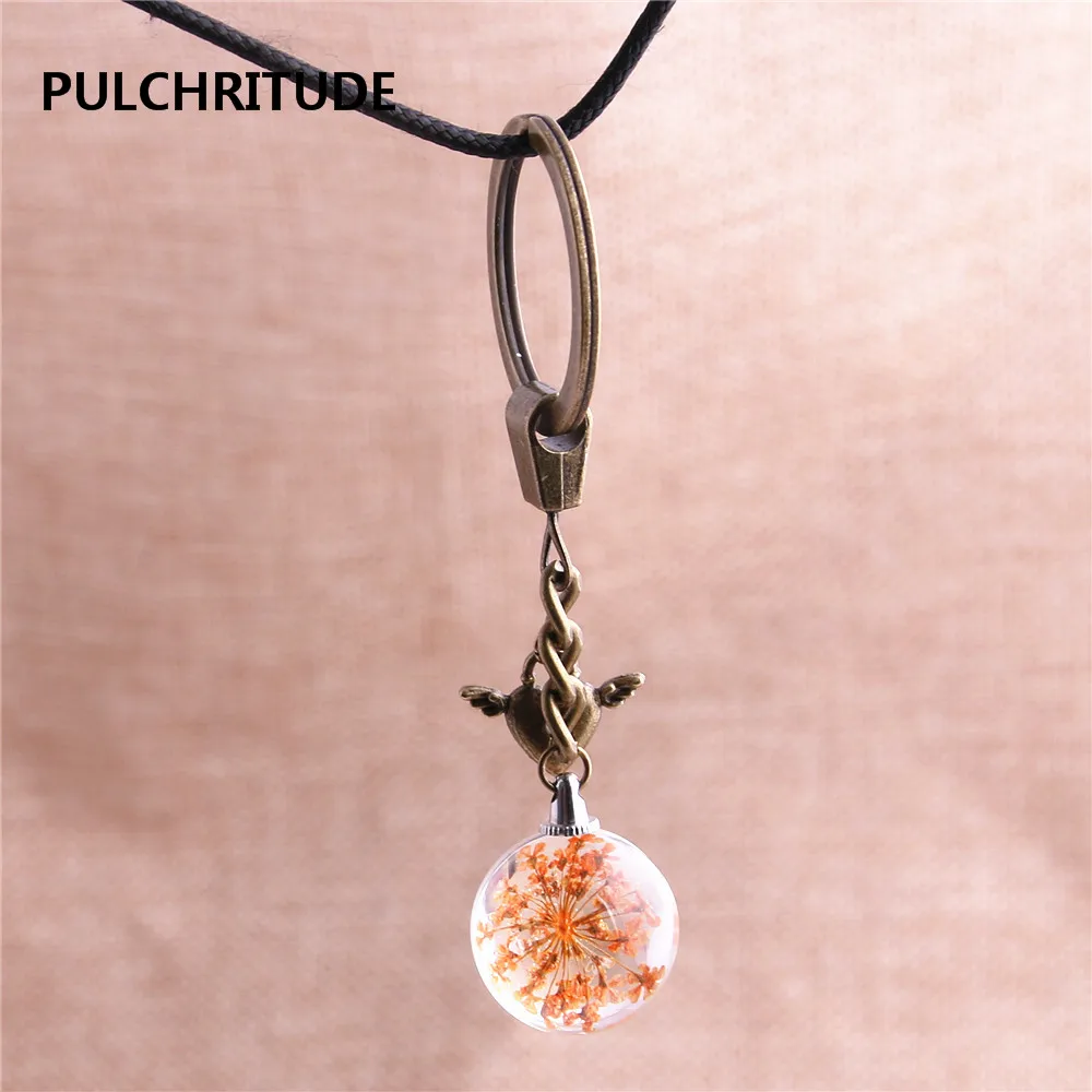 PULCHRITUDE 2 шт./партия металлический брелок хрустальный стеклянный шар кулон с высушенным цветком крылья сердце Шарм кольцо для ключей ювелирные изделия Diy C0581