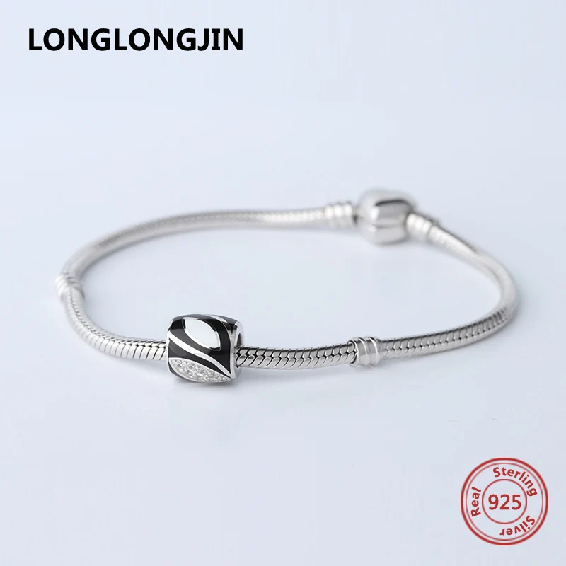 Полированная 925 серебряные бусины черные и белые подвески с камнями FIT Authentic