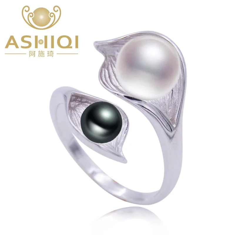 

ASHIQI s925 sterling silver ring 7-8mm Natural freshwater Pearl jewelry for women LOVE Heart
