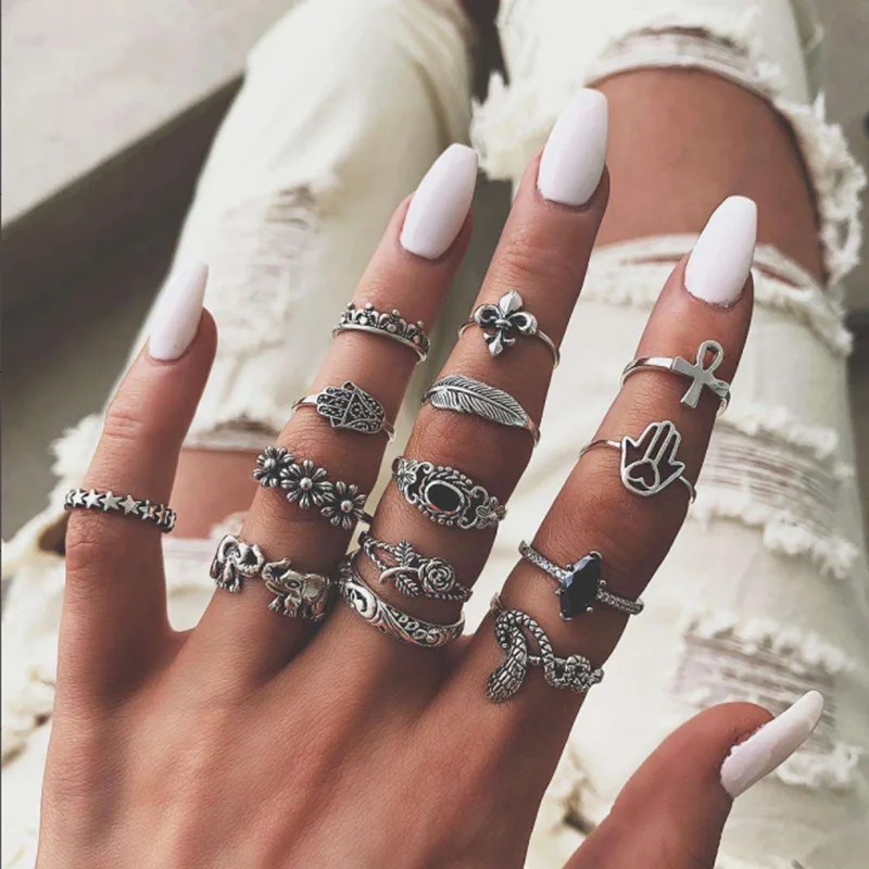 Набор модных серебряных колец на пальцы с листьями для женщин