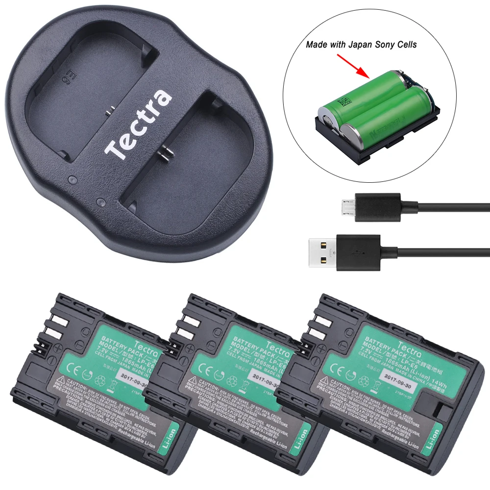 Tectra 3 шт. LP-E6 LP-E6N батарея с высококачественными японскими ячейками + USB двойное
