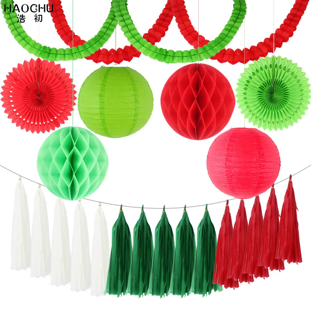 Red Green 23 шт./лот набор бумажных украшений веера из папиросной бумаги/Кисточка/Цветочная Гирлянда/круглый фонарь Свадьба День Рождения Вечеринка фон DIY Декор - Цвет: Red Green
