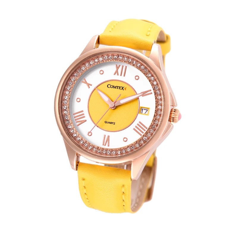 Comtex желтый женские часы Повседневная серебристый корпус Кожаный ремешок основа