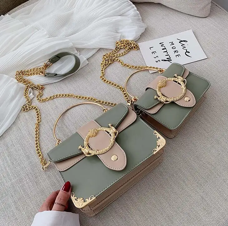 Green set Элегантная женская сумка-тоут с металлическим кольцом модная новая качественная женская дизайнерская сумка из искусственной кожи сумка-мессенджер на плечо с цепочкой - Цвет: Green set
