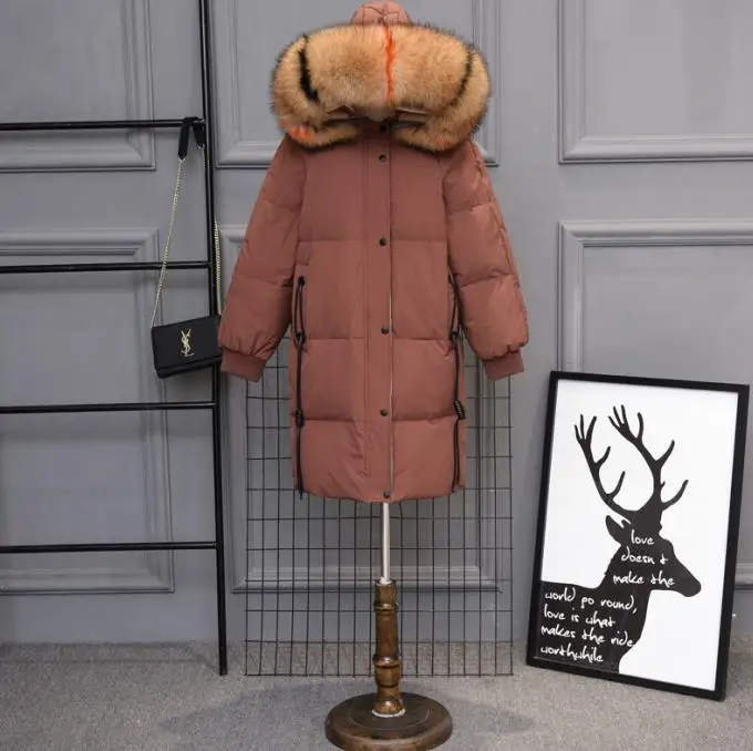 Brown Multicolor Fur Зимняя теплая Женская куртка на утином пуху с капюшоном большого размера, натуральный мех, воротник, длинные пуховики, парки, женская Свободная куртка, толстая верхняя одежда RH1077 - Цвет: Brown Multicolor Fur
