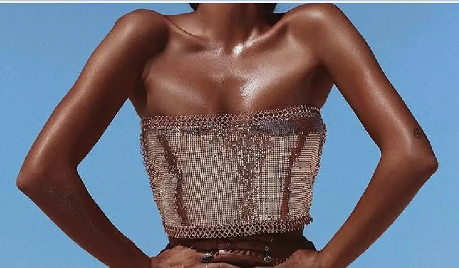 Сексуальная металлическая цепочка на тело летнее платье для женщин Bling Bralette бюстье Блеск Кристалл vestido Роскошные вечерние платья бодикон для ночного клуба - Цвет: YX641-Rose gold-Top